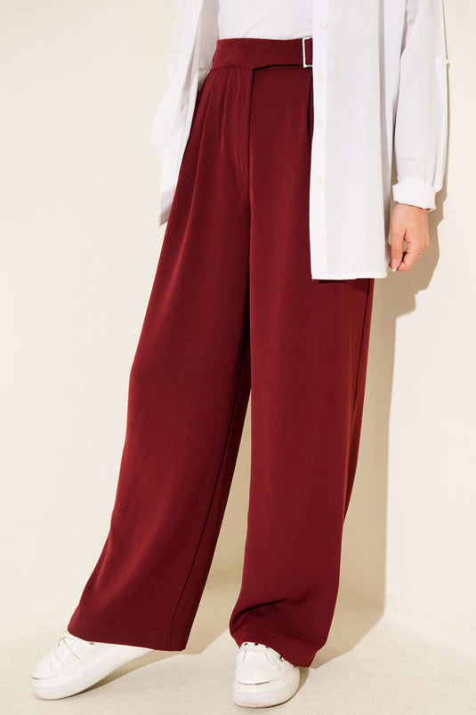Bel Kemer Tokalı Palazzo Pantolon Bordo