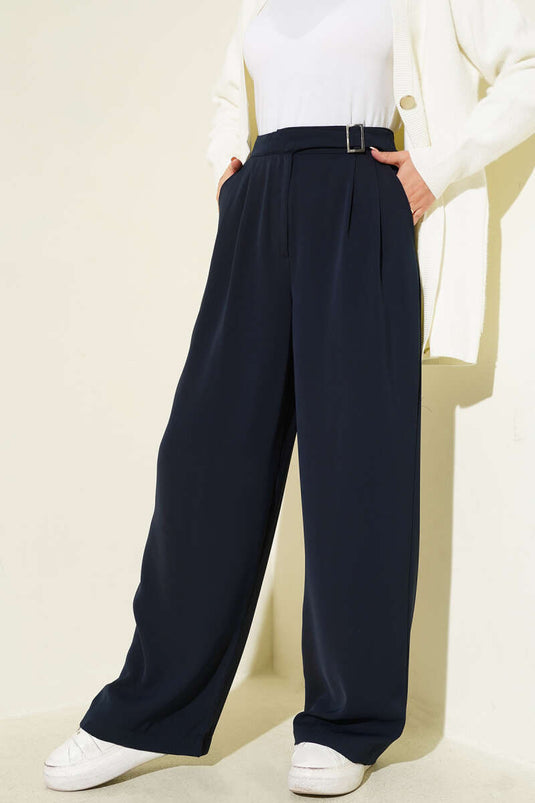 Bel Kemer Tokalı Palazzo Pantolon Lacivert