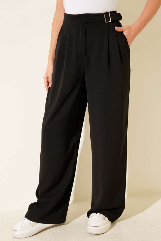 Bel Kemer Tokalı Palazzo Pantolon Siyah