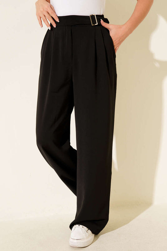 Bel Kemer Tokalı Palazzo Pantolon Siyah