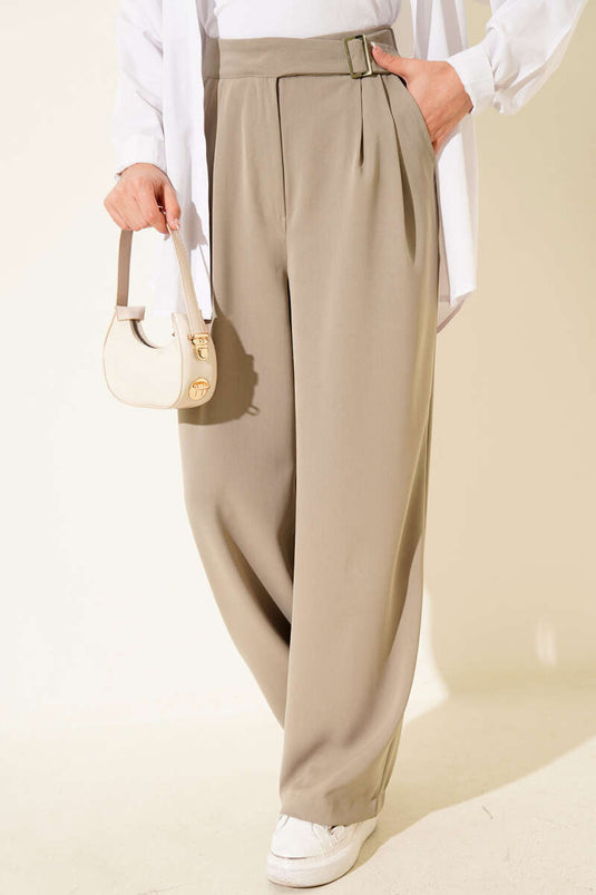 Bel Kemer Tokalı Palazzo Pantolon Vizon