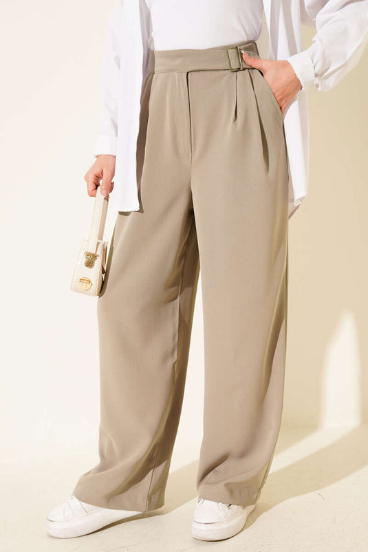 Bel Kemer Tokalı Palazzo Pantolon Vizon