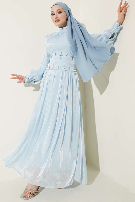 Evening Dress with Stone-Studded Waist Corset Detail Baby Blue