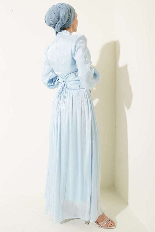 Evening Dress with Stone-Studded Waist Corset Detail Baby Blue