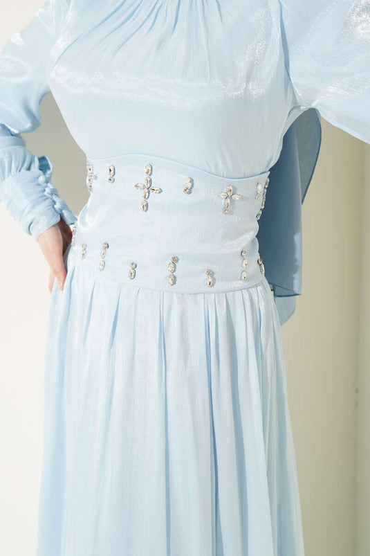 Evening Dress with Stone-Studded Waist Corset Detail Baby Blue