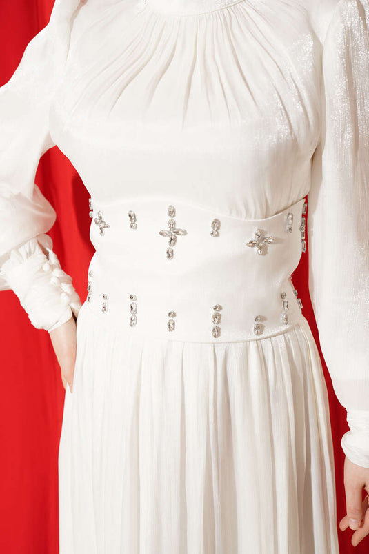 Abendkleid mit Taillen-Korsett-Detail und Steinbesatz, Ecru