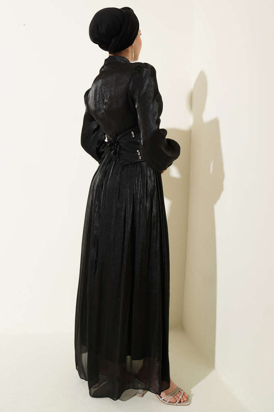 Abendkleid mit Taillenkorsett und Steinbesatz, Schwarz