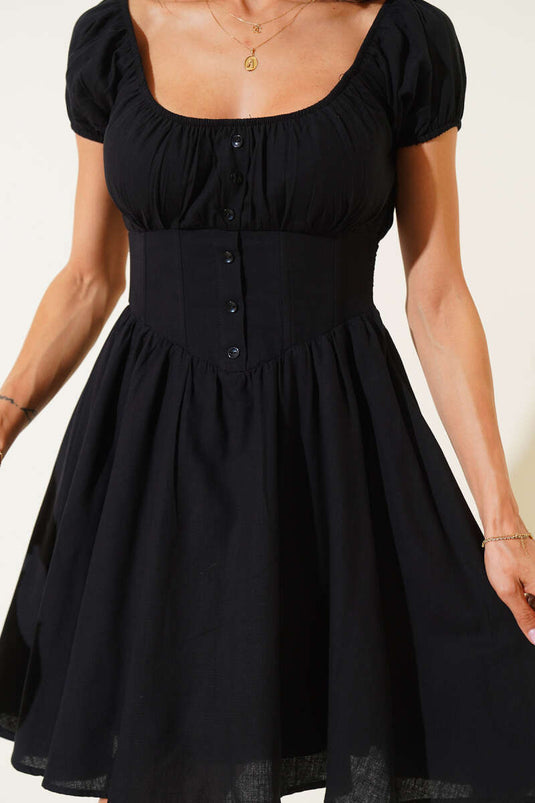 Waist Corset Button Detail Mini Dress Black