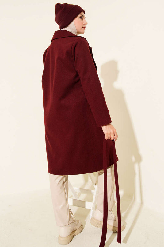 Waist Belted Lined Cashmere Coat Burgundy