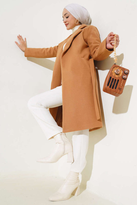 Bel Kuşaklı Astarlı Kaşe Kaban Camel