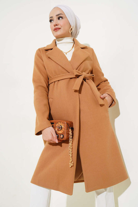 Bel Kuşaklı Astarlı Kaşe Kaban Camel