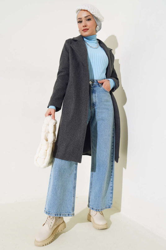 Bel Kuşaklı Astarlı Kaşe Kaban Füme