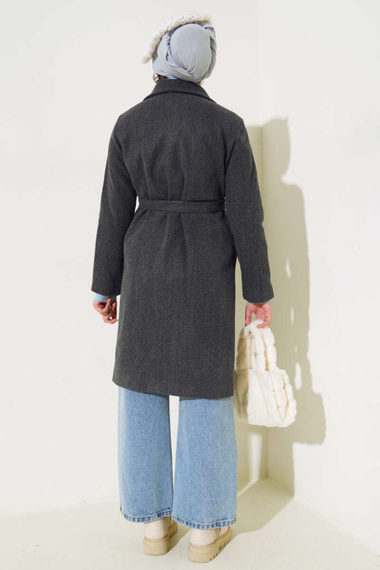 Manteau Cajou Doublé Ceinturé à la Taille Fumé