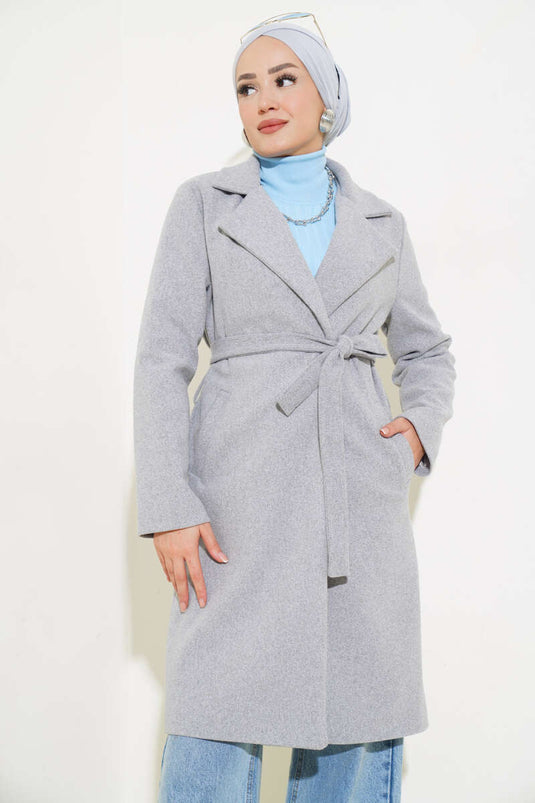 معطف تويد رمادي مبطن بحزام عند الخصر