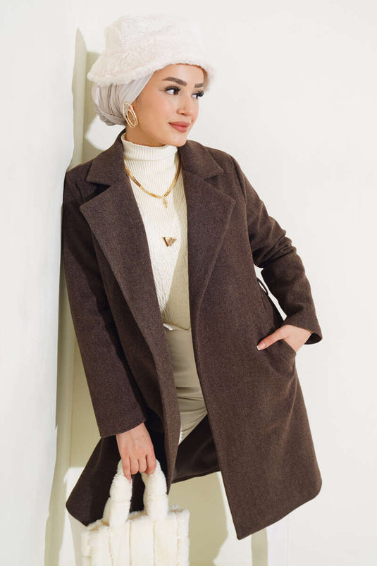 Bel Kuşaklı Astarlı Kaşe Kaban Kahve