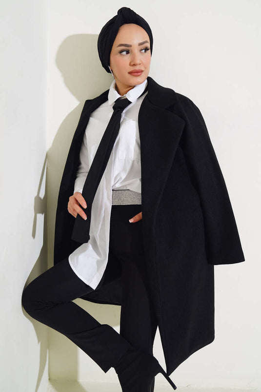 Black Lined Kaşe Coat with Waist Belt