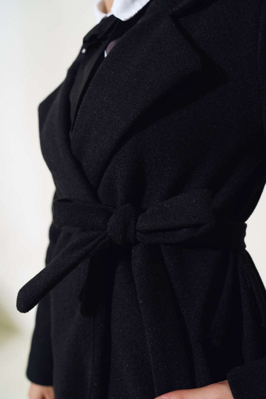 Black Lined Kaşe Coat with Waist Belt