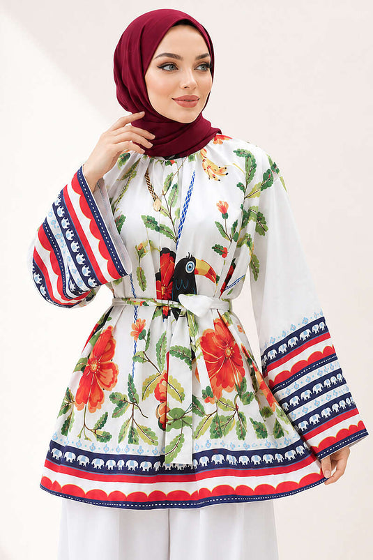 Beige Belted Floral Patterned Tunic