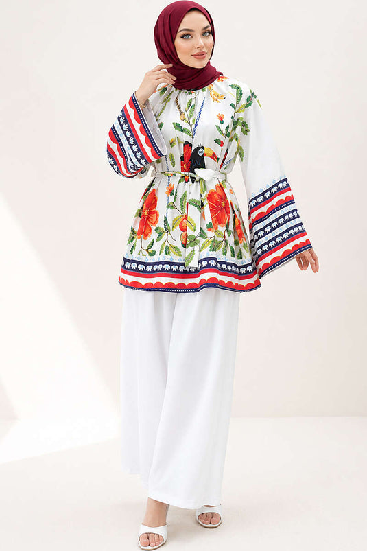 Beige Belted Floral Patterned Tunic