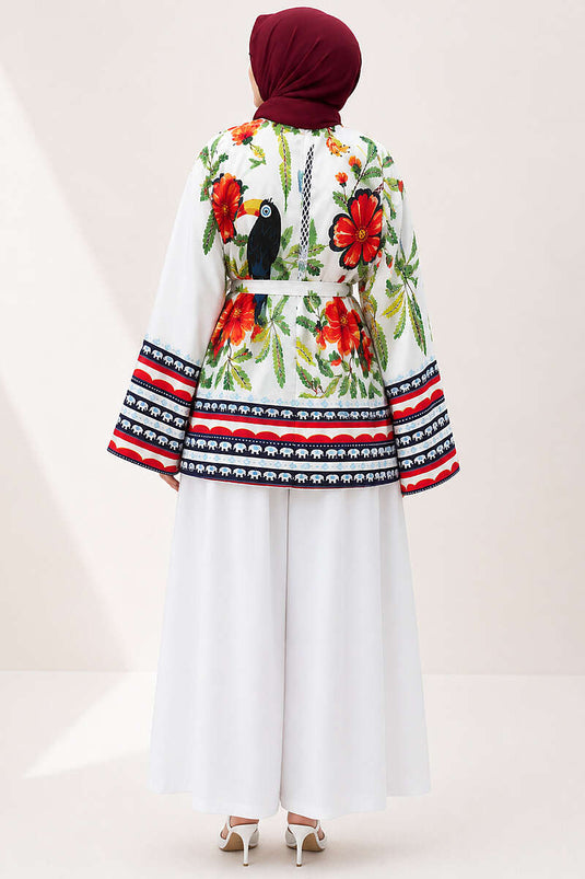Beige Belted Floral Patterned Tunic
