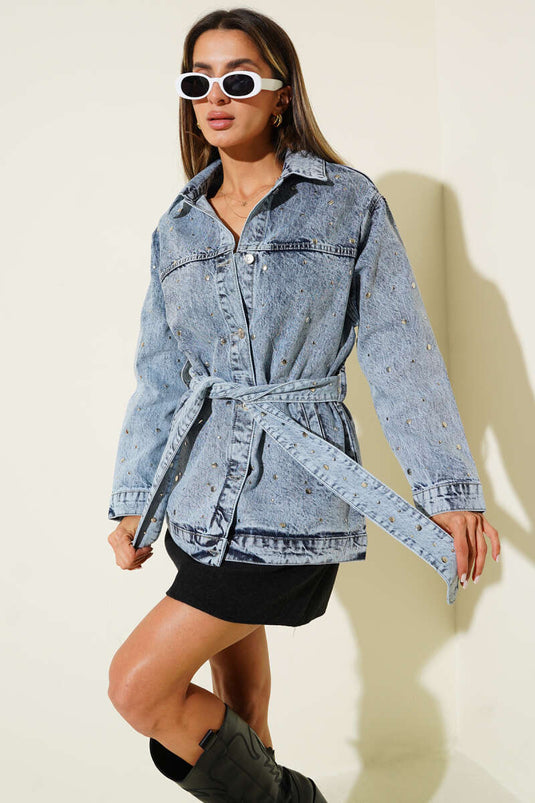 Jacket with White Belt and Shirt Collar, Denim Blue