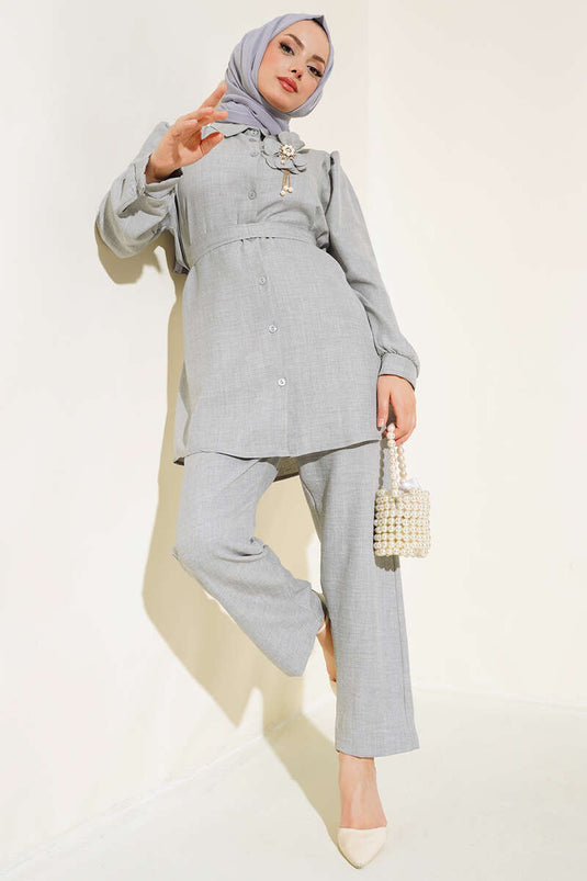 Gray Linen Two-Piece Set with a Beautiful Belt