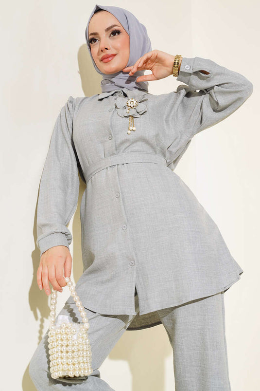 Gray Linen Two-Piece Set with a Beautiful Belt