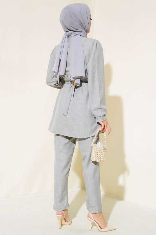 Gray Linen Two-Piece Set with a Beautiful Belt