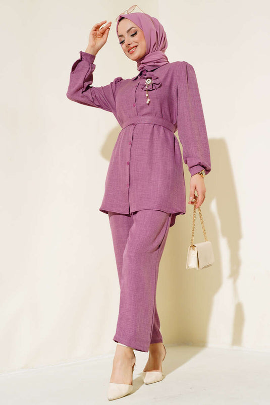 Pink Rose Belted Linen Two-Piece Set