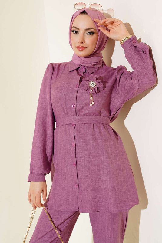 Pink Rose Belted Linen Two-Piece Set