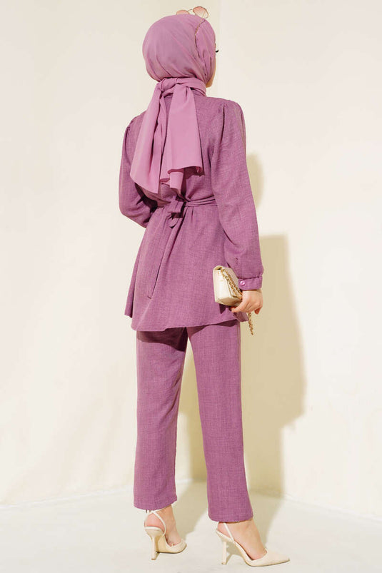 Pink Rose Belted Linen Two-Piece Set