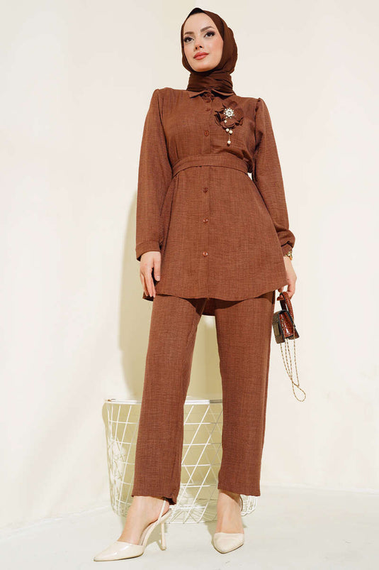Brown Two-Piece Set with a Beautiful Belt