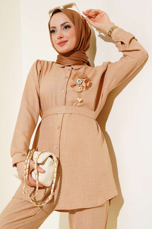 Belted Linen Two-Piece Set Latte