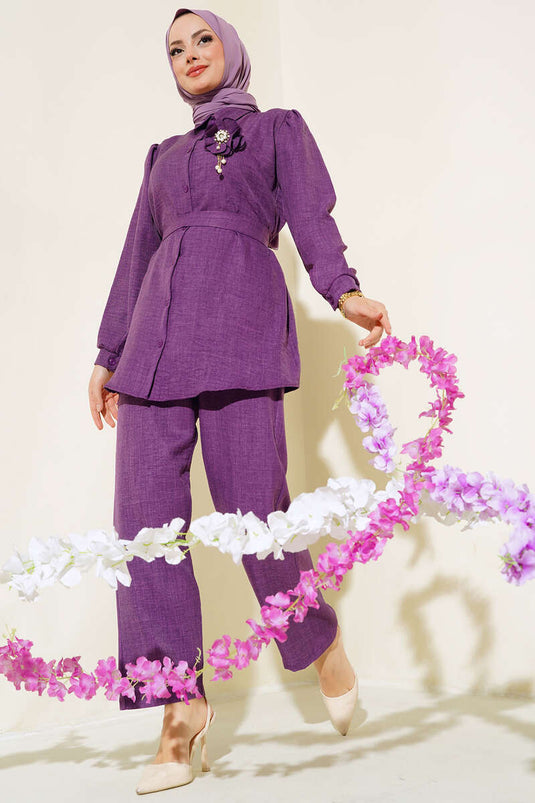 Purple Two-Piece Set with a Beautiful Belt