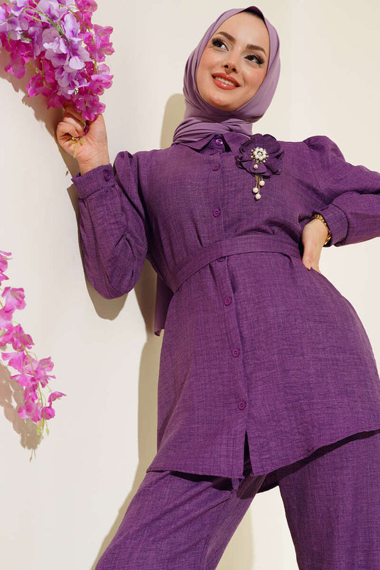 Purple Two-Piece Set with a Beautiful Belt