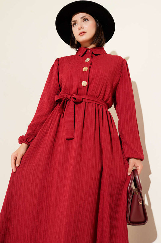 Bel Kuşaklı Krinkıl Elbise Bordo
