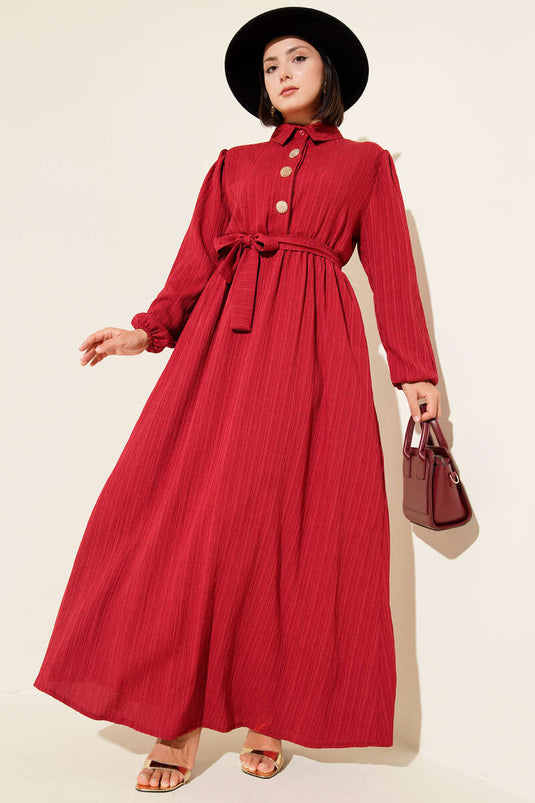 Bel Kuşaklı Krinkıl Elbise Bordo