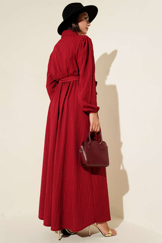 Bel Kuşaklı Krinkıl Elbise Bordo