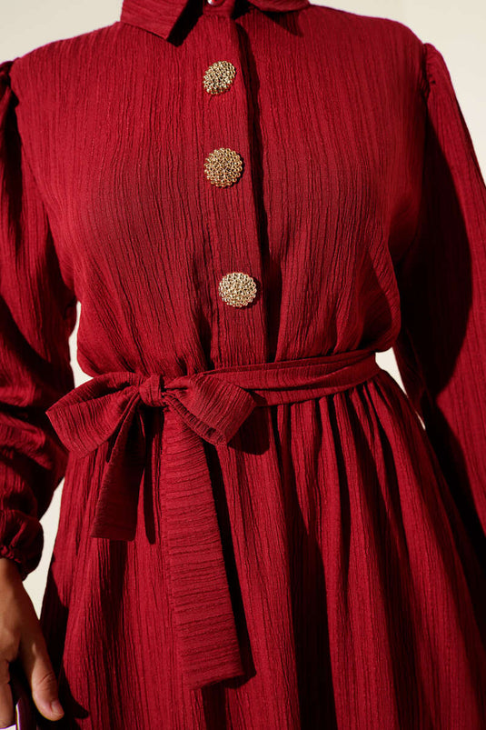 Bel Kuşaklı Krinkıl Elbise Bordo