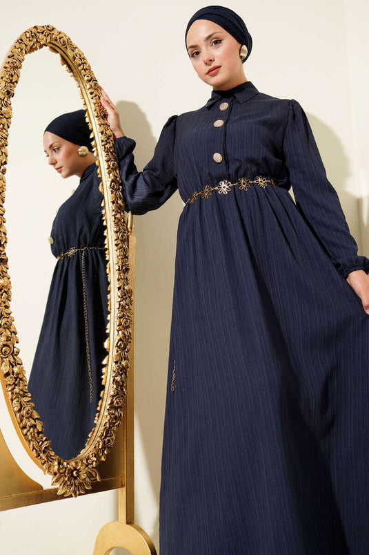 Bel Kuşaklı Krinkıl Elbise Lacivert