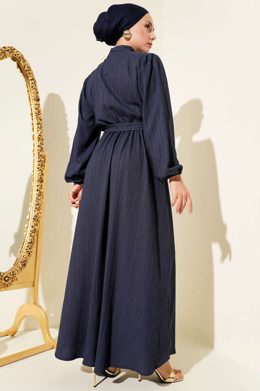 Bel Kuşaklı Krinkıl Elbise Lacivert
