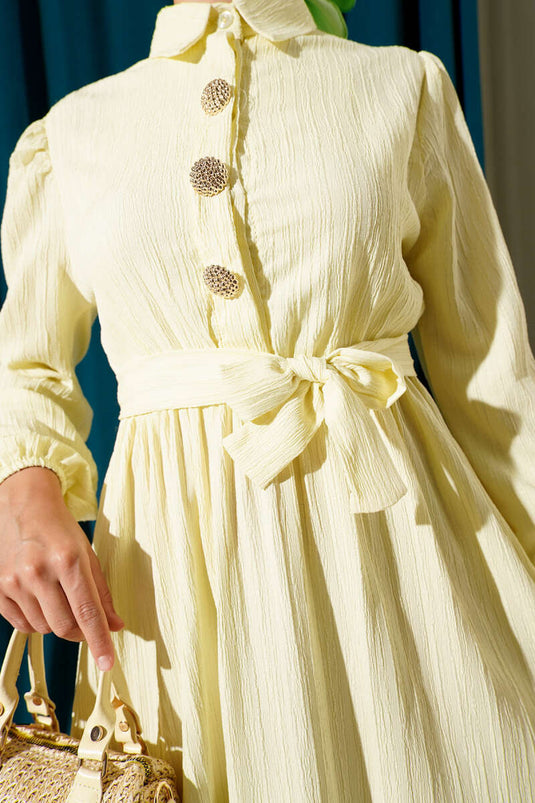 Bel Kuşaklı Krinkıl Elbise Sarı