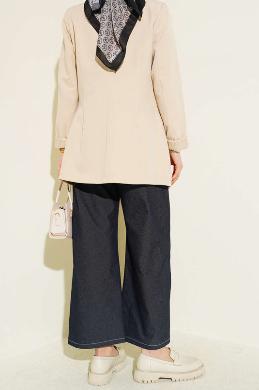 Belted Elastic Waist Navy Blue Pants
