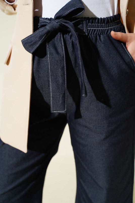 Belted Elastic Waist Navy Blue Pants