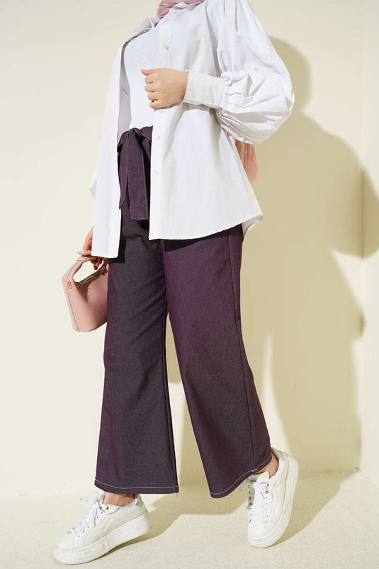 Pantaloni elasticizzati con cintura decorativa color prugna