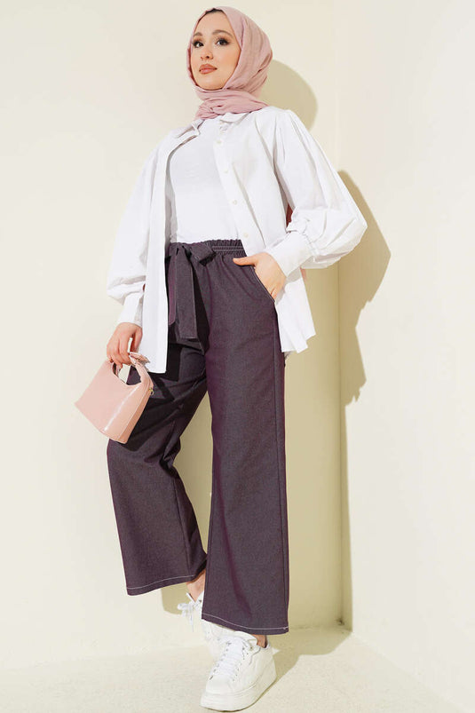 Pantaloni elasticizzati con cintura decorativa color prugna