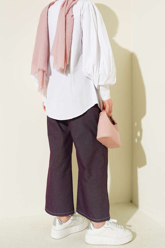Pantaloni elasticizzati con cintura decorativa color prugna