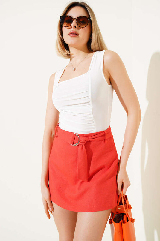 Belted Waist Shorts Skirt Tile