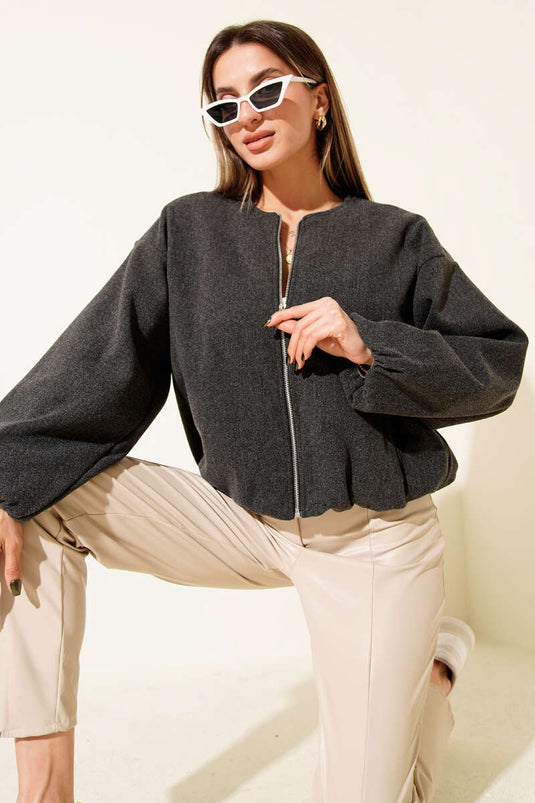 Anthracite Cashmere Jacket with Elastic Waist Detail