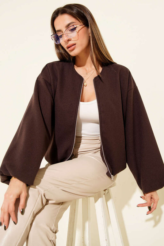 جاكيت من الكشمير بتفاصيل خصر مطاطي، بني